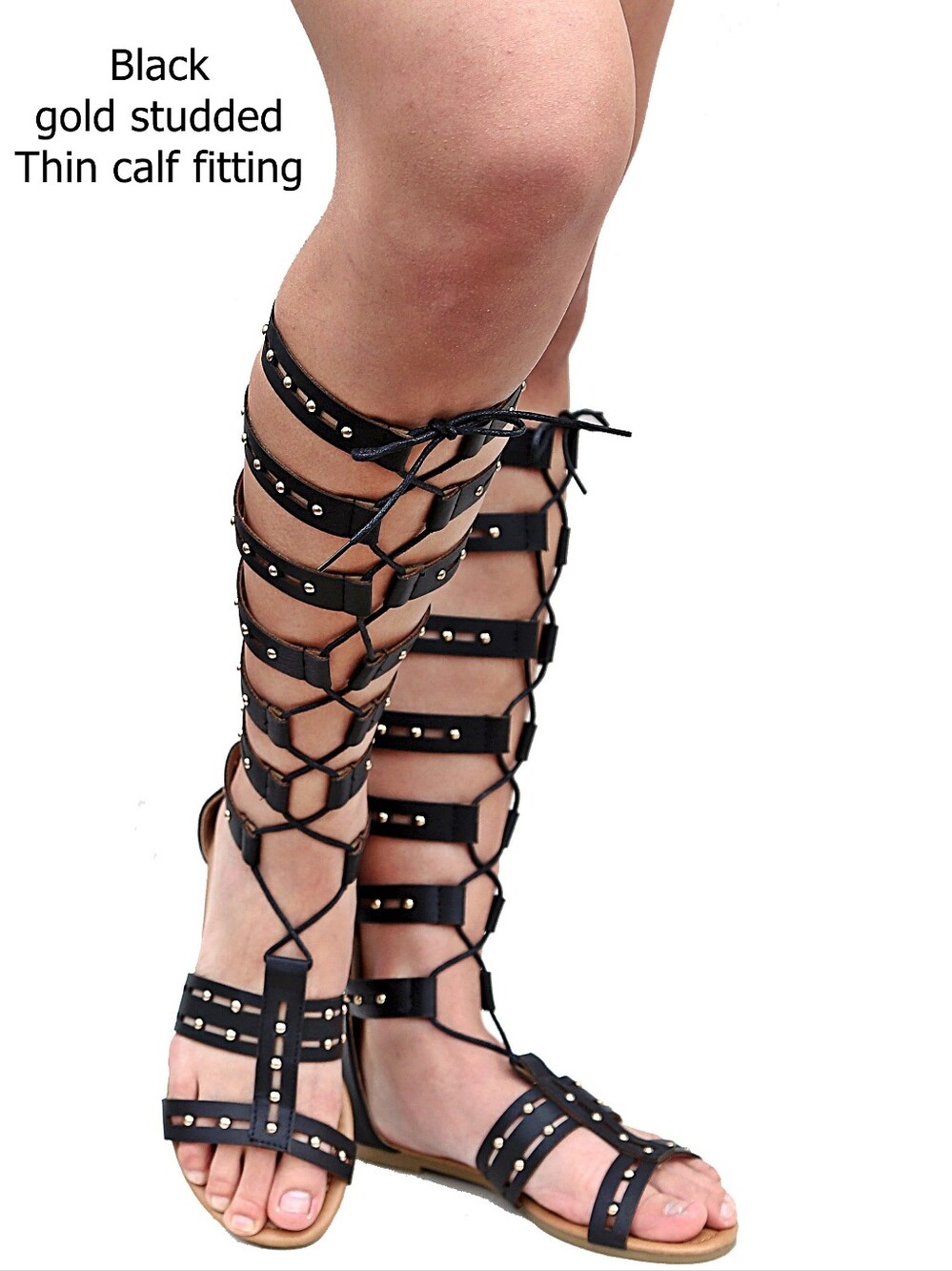 New Black Studded Lace Up Knee High Gladiator Sandals